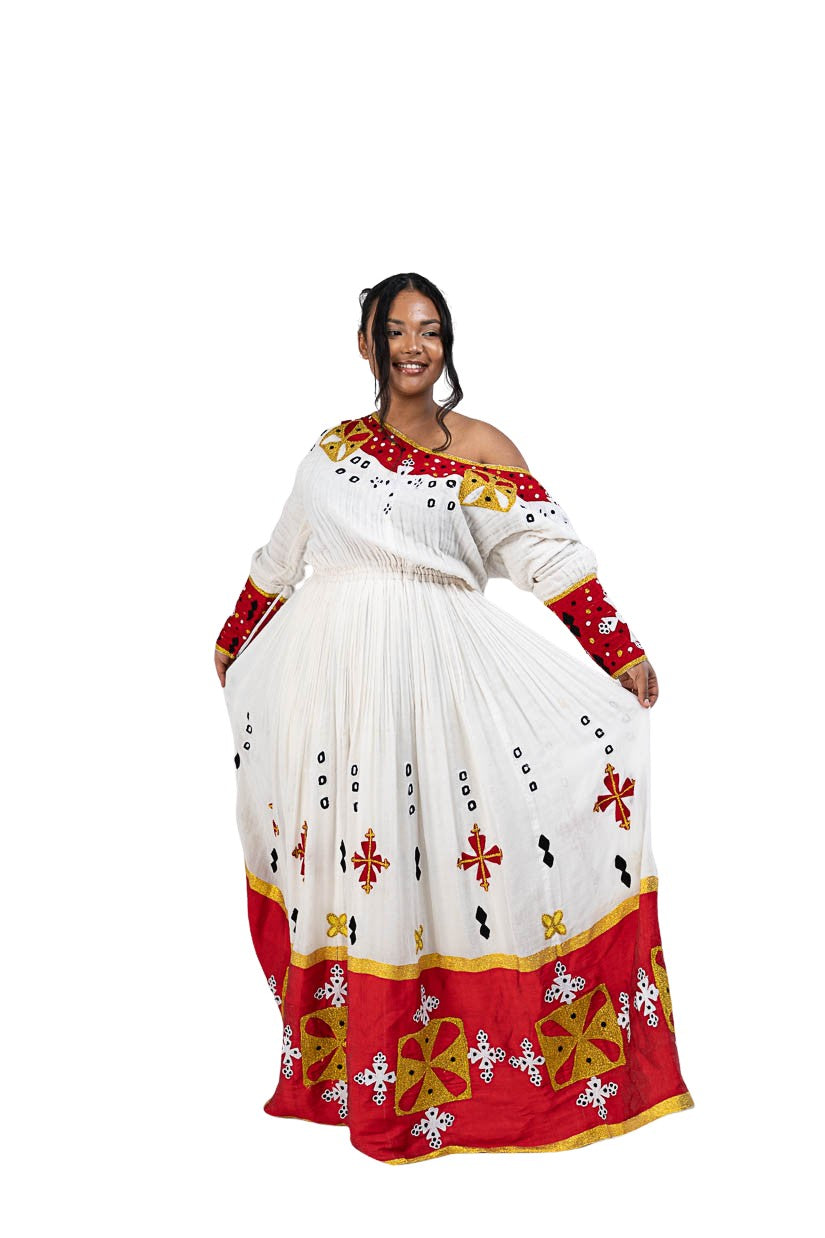 Habesha Kemis red tibeb with gold cross motifs - photo 2