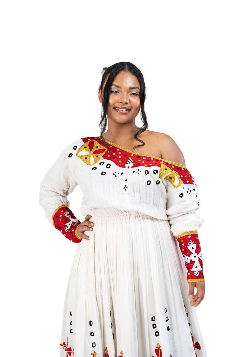 Habesha Kemis red tibeb with gold cross motifs - photo 3