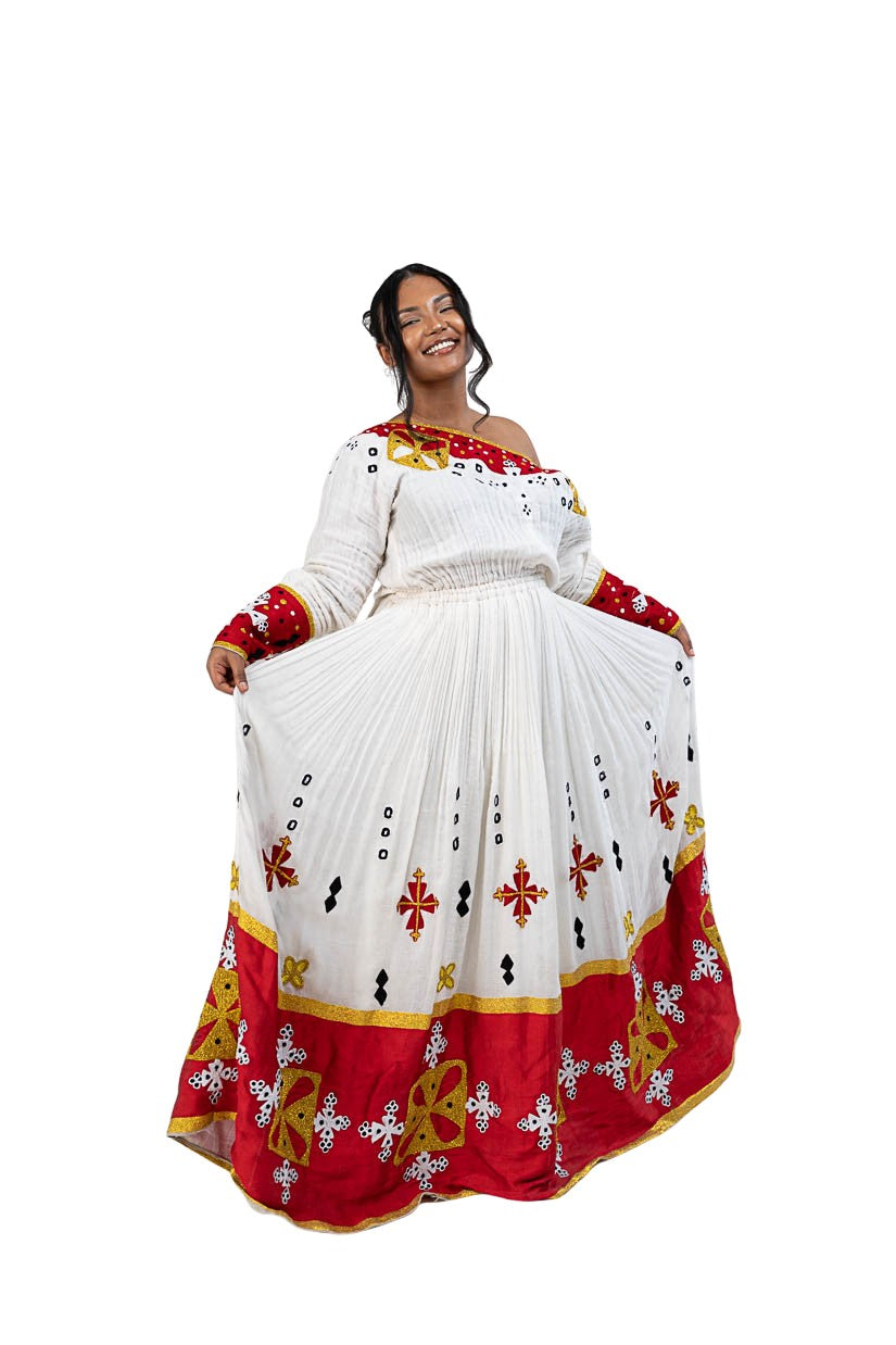 Habesha Kemis red tibeb with gold cross motifs - photo 4