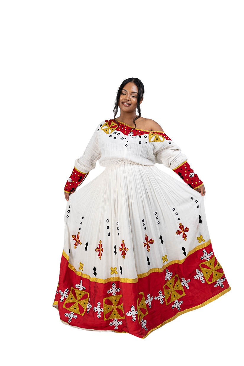 Habesha Kemis red tibeb with gold cross motifs - photo 5
