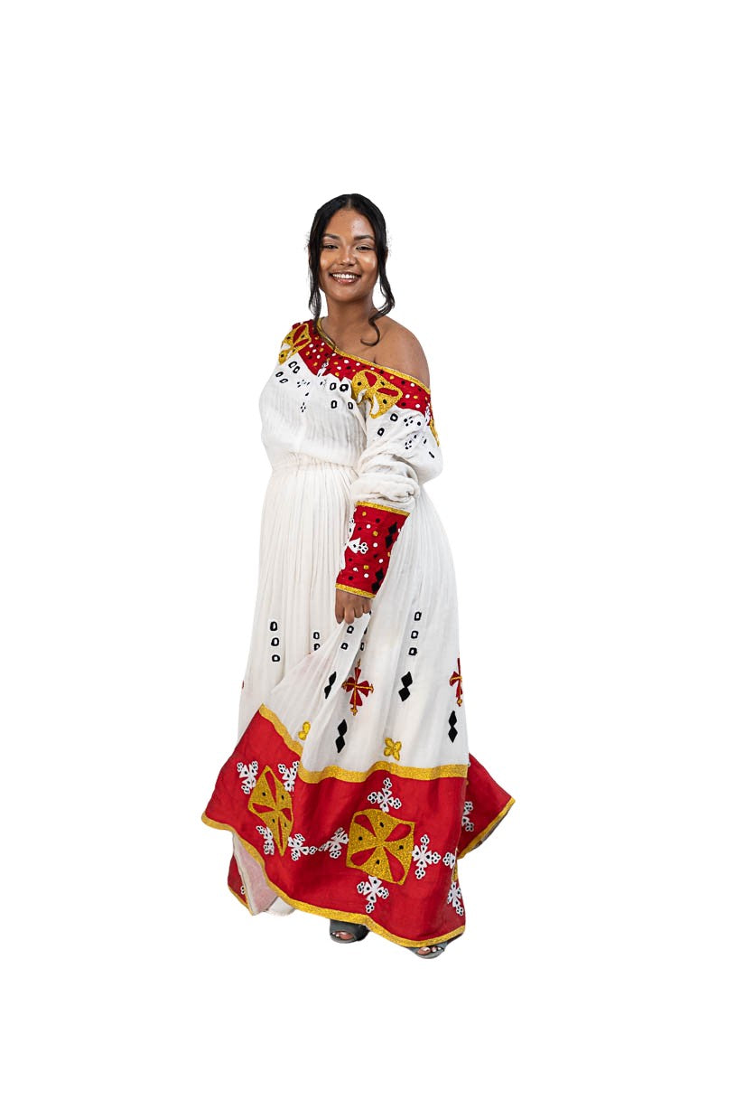 Habesha Kemis red tibeb with gold cross motifs - photo 6