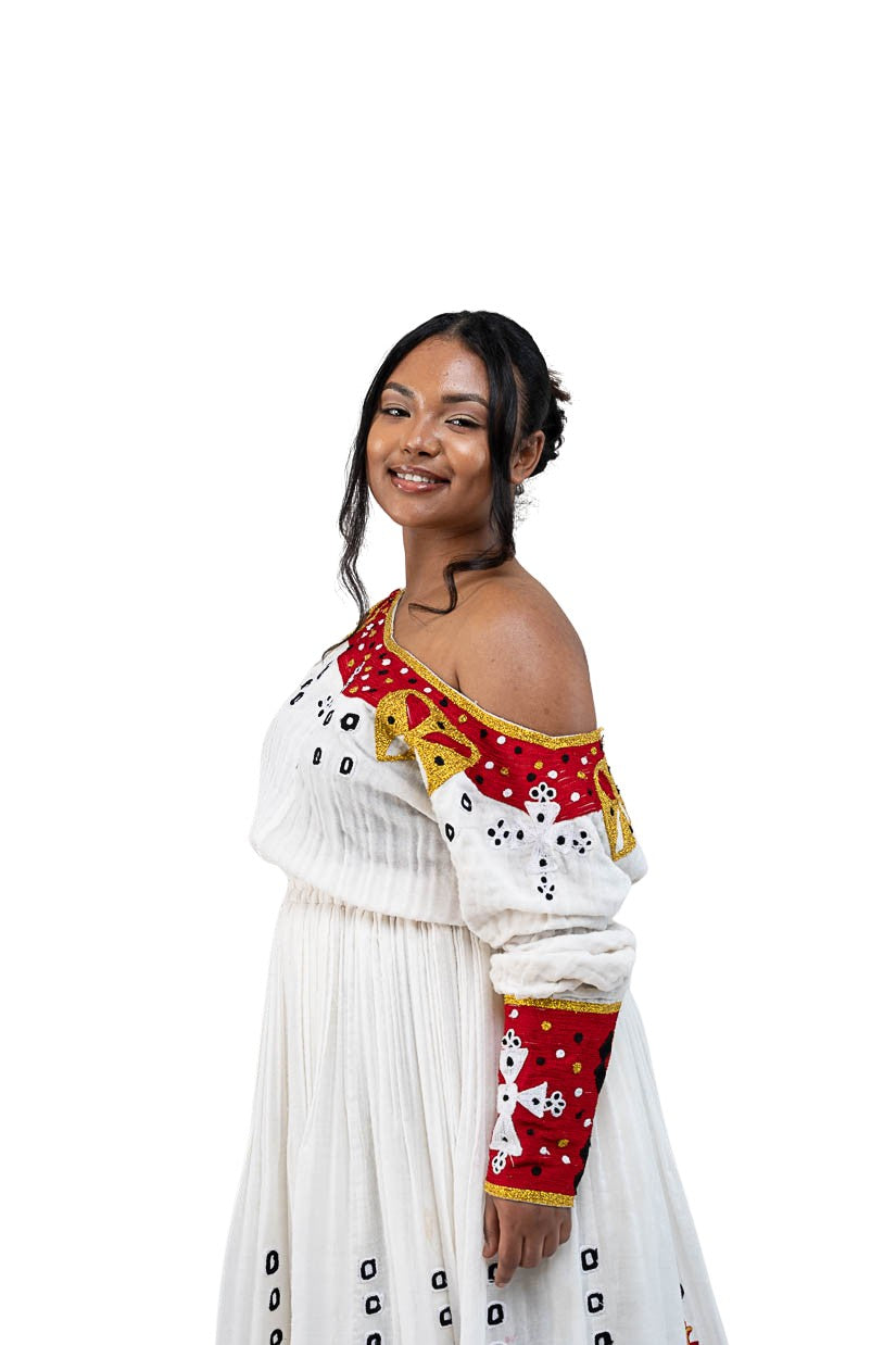 Habesha Kemis red tibeb with gold cross motifs - photo 7