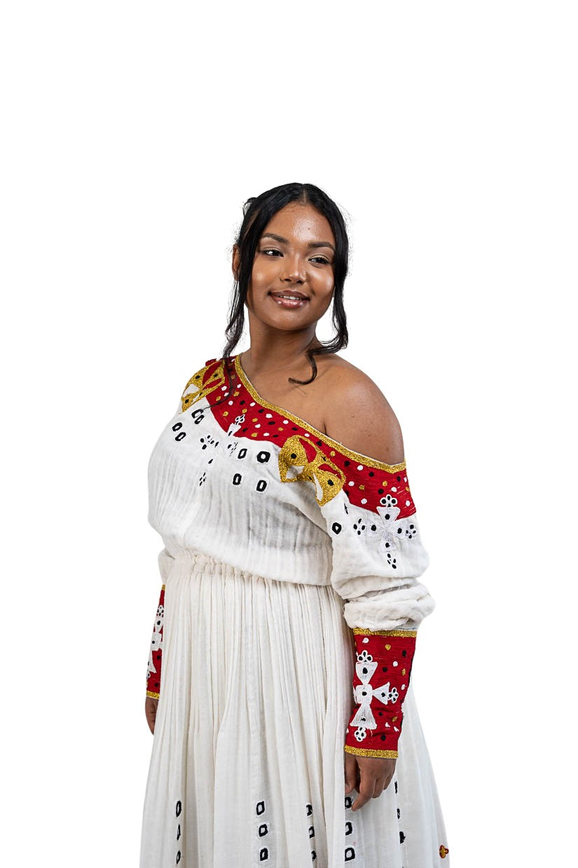 Habesha Kemis red tibeb with gold cross motifs - photo 8