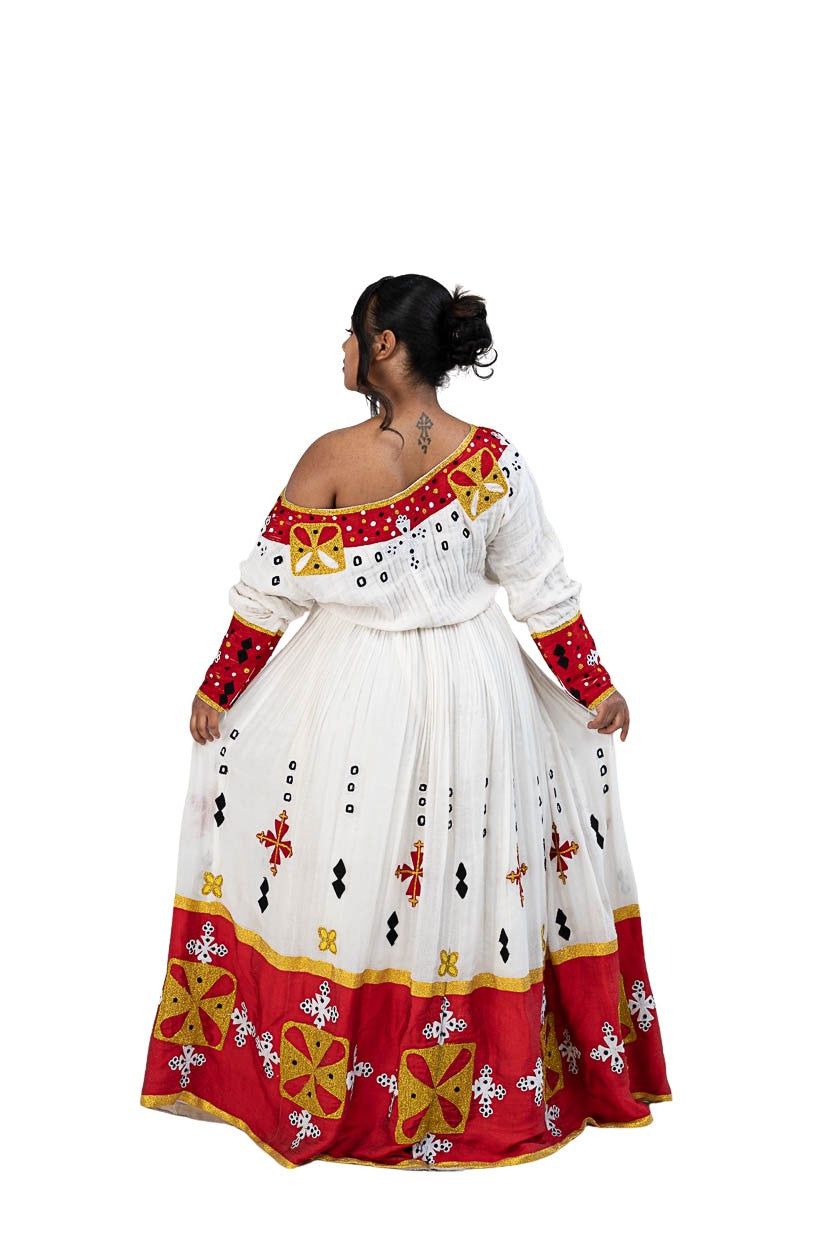 Habesha Kemis red tibeb with gold cross motifs - photo 9