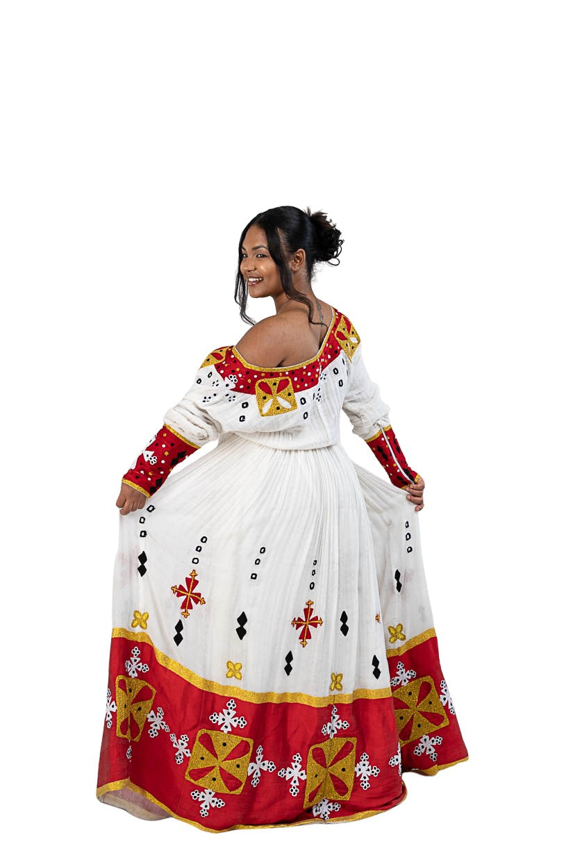 Habesha Kemis red tibeb with gold cross motifs - photo 10
