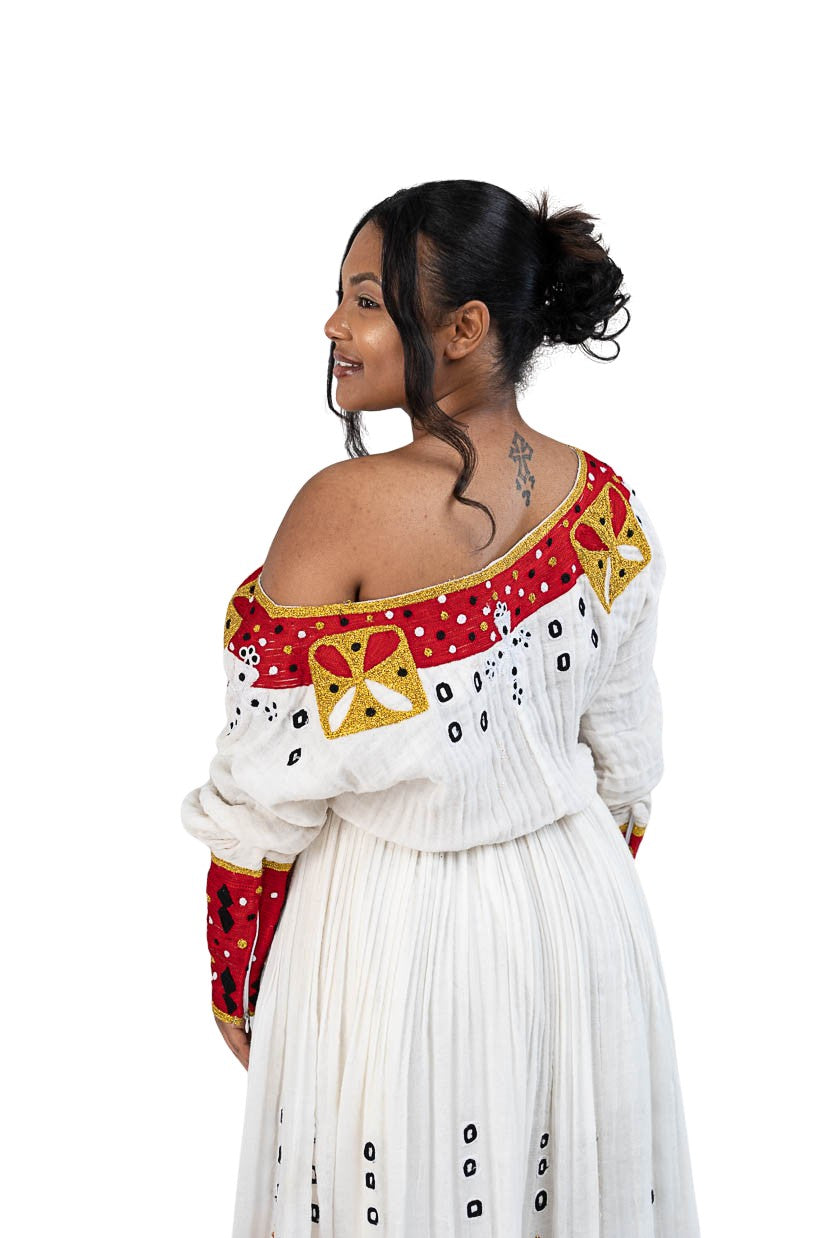 Habesha Kemis red tibeb with gold cross motifs - photo 11