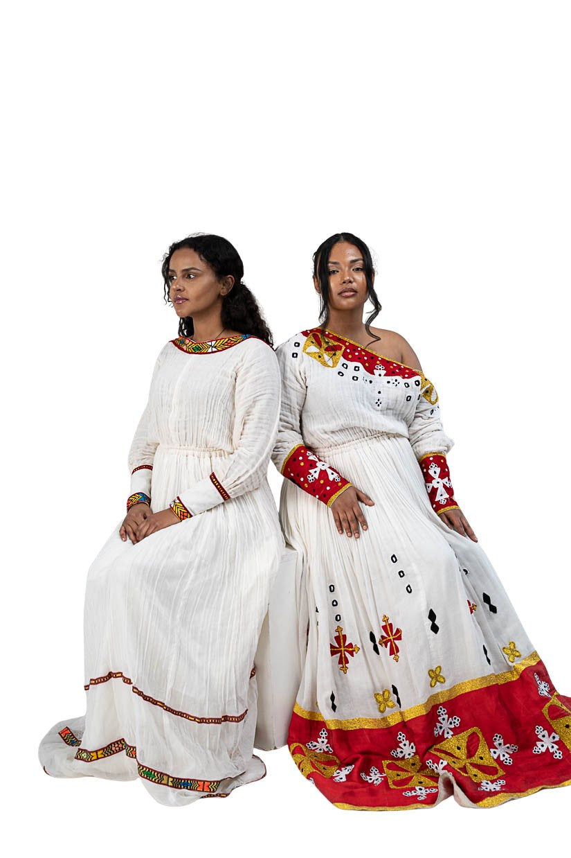 Habesha Kemis red tibeb with gold cross motifs - photo 12