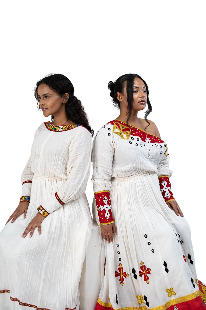 Habesha Kemis red tibeb with gold cross motifs - photo 13