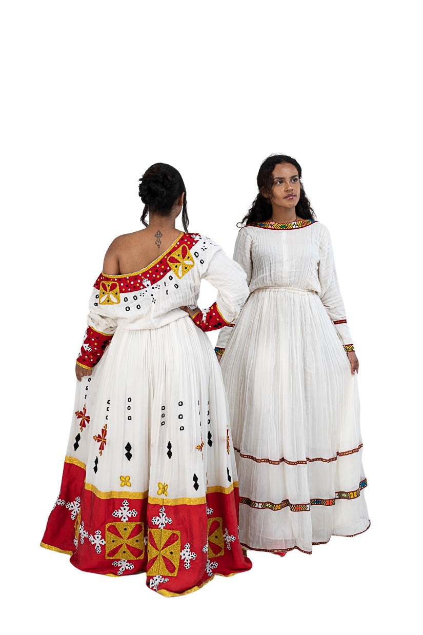 Habesha Kemis red tibeb with gold cross motifs - photo 14