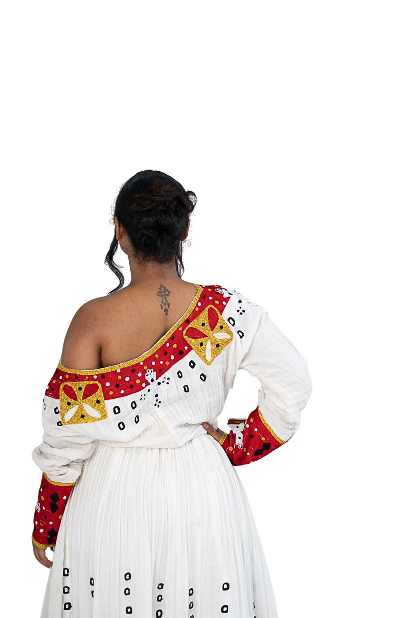 Habesha Kemis red tibeb with gold cross motifs - photo 15