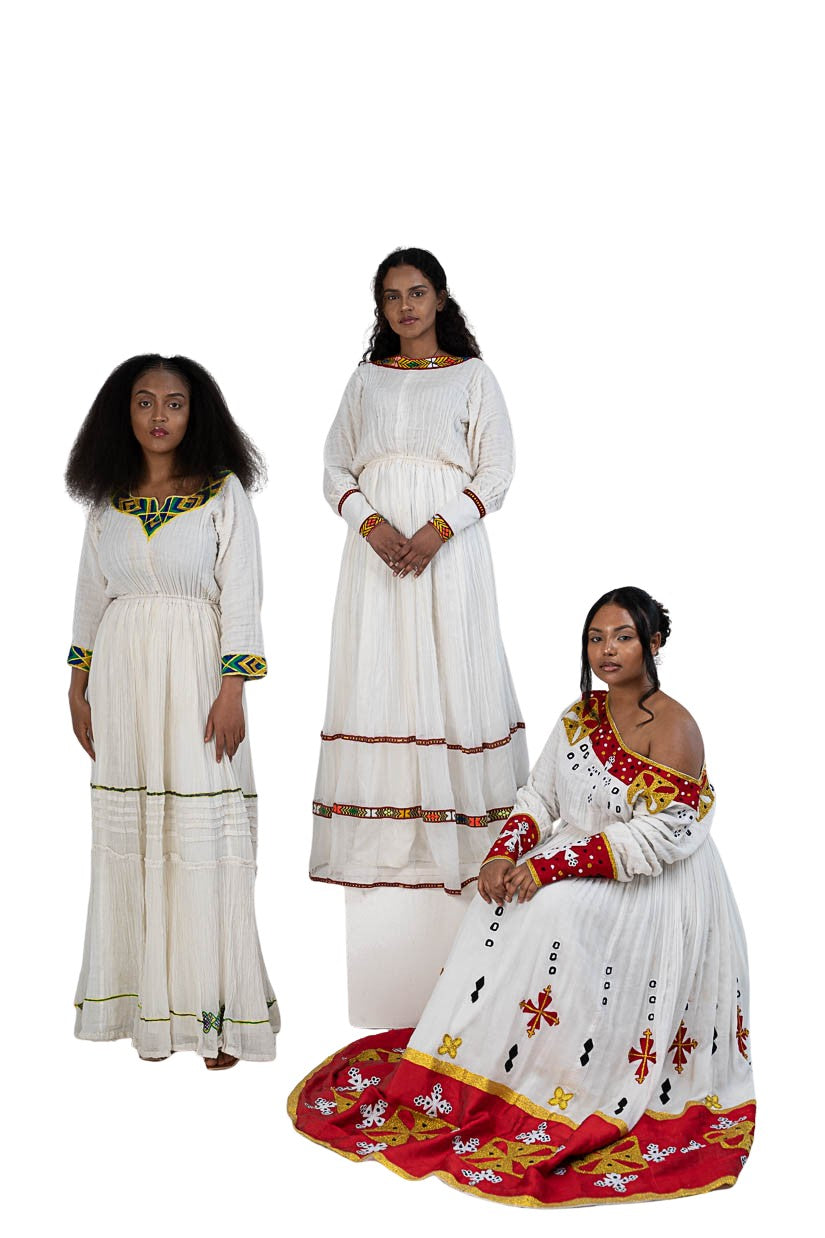 Habesha Kemis red tibeb with gold cross motifs - photo 16