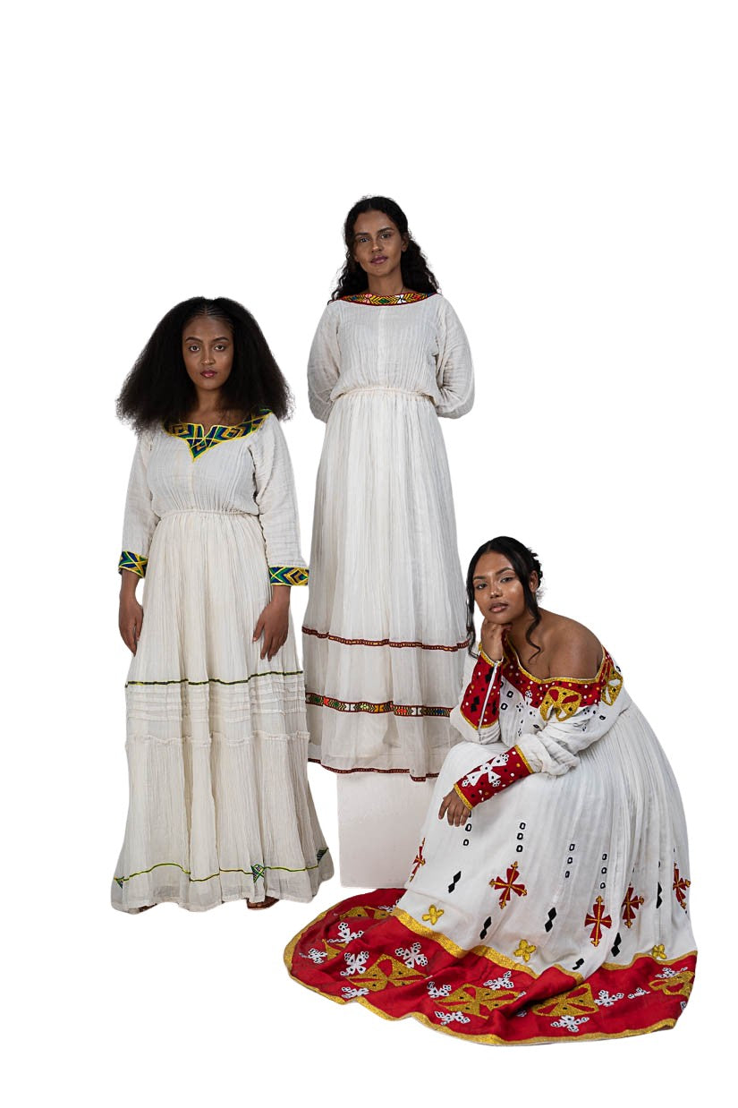 Habesha Kemis red tibeb with gold cross motifs - photo 17