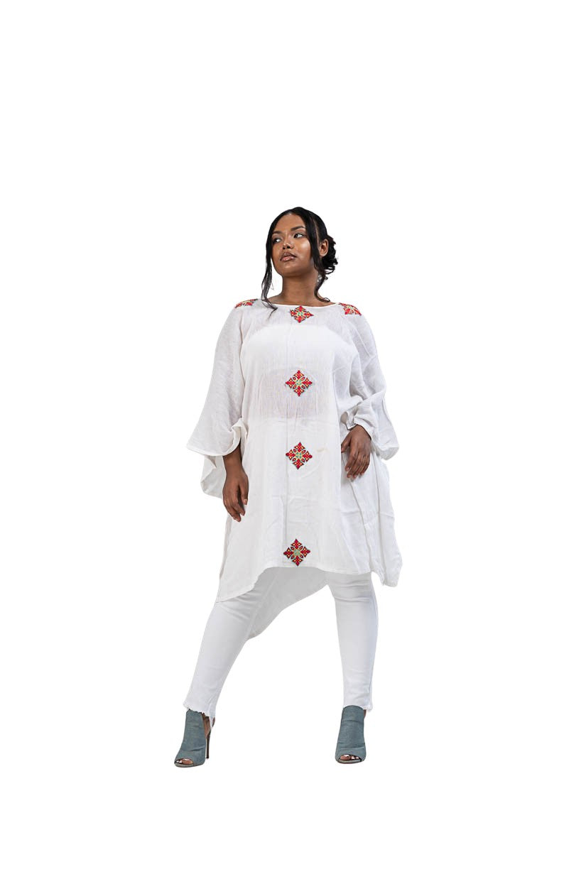 Habesha Poncho white with red diamond accents - photo 1