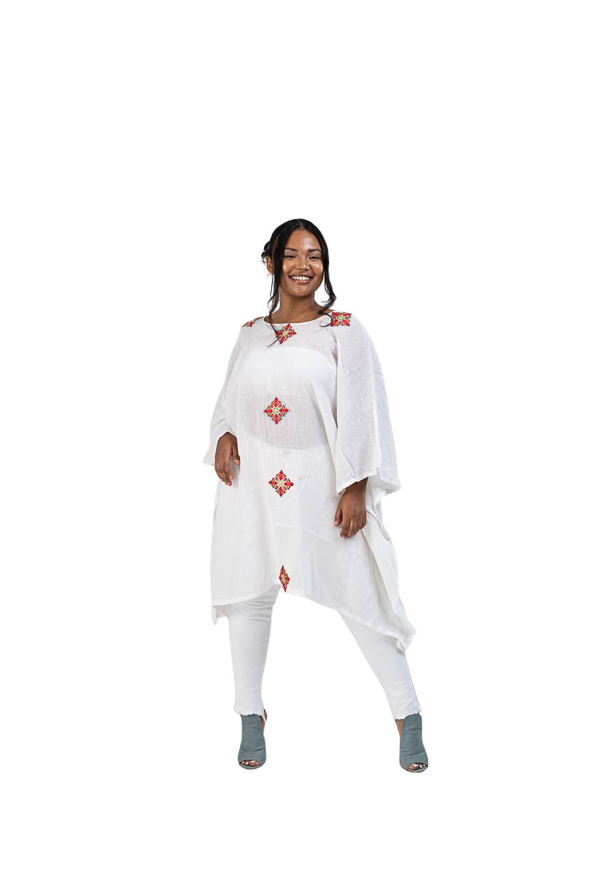 Habesha Poncho white with red diamond accents - photo 2