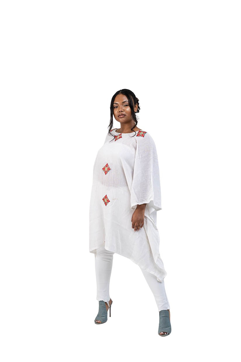 Habesha Poncho white with red diamond accents - photo 3