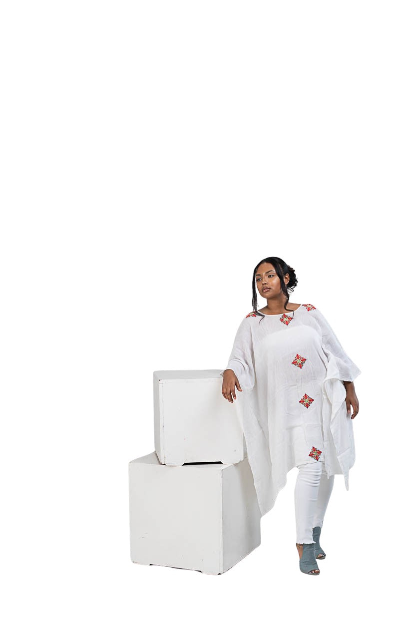 Habesha Poncho white with red diamond accents - photo 10